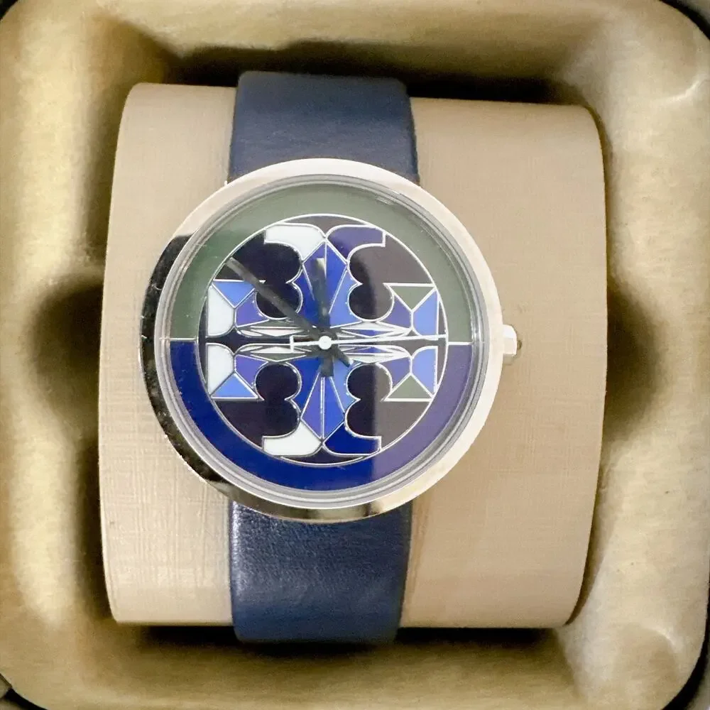 Tory Burch TBW4042 Reva Mosaic Dial Navy Blue Leather Women’s Wristwatch
